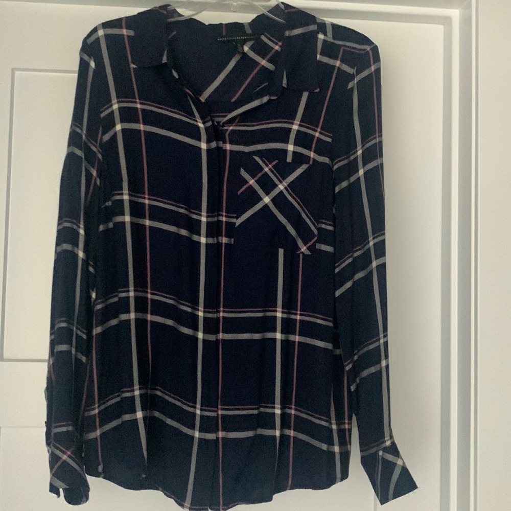 Long sleeve shirt with collar.  Navy with cream and pink lines.